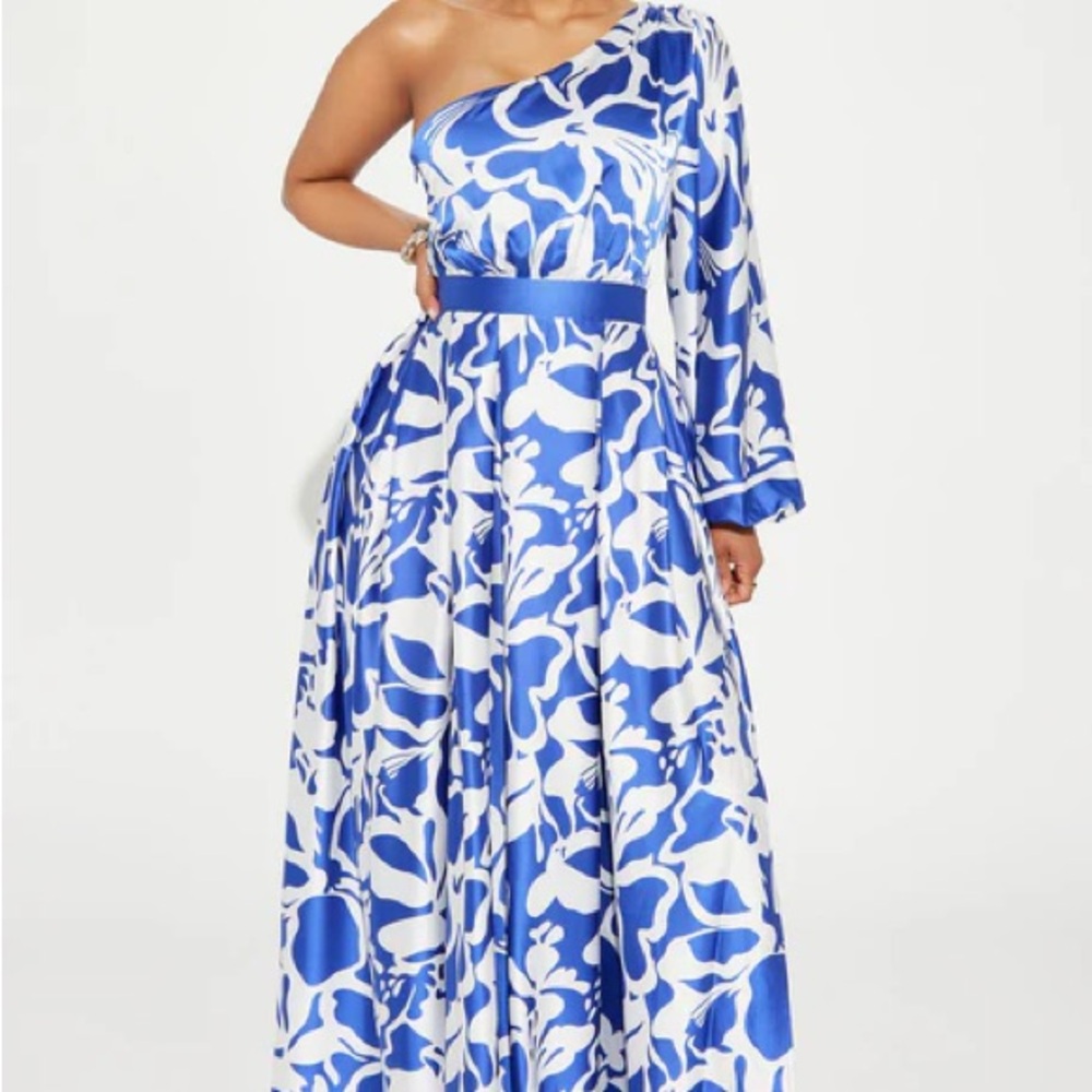Fashion Nova Blue and White One-Shoulder Maxi Dress